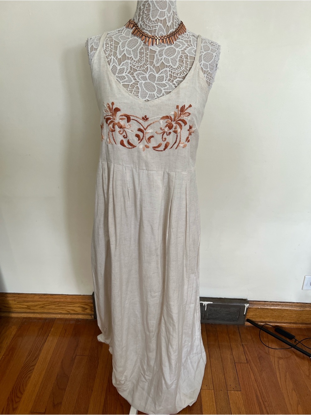 Cost Plus World Market Cream Maxi Dress with Rust Embroidery
